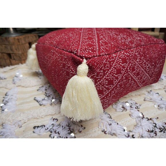 Vintage Moroccan Ottoman Pouf: 50 Year Old Tassel Floor Pillow 03YS00405 - Picture 6 of 9